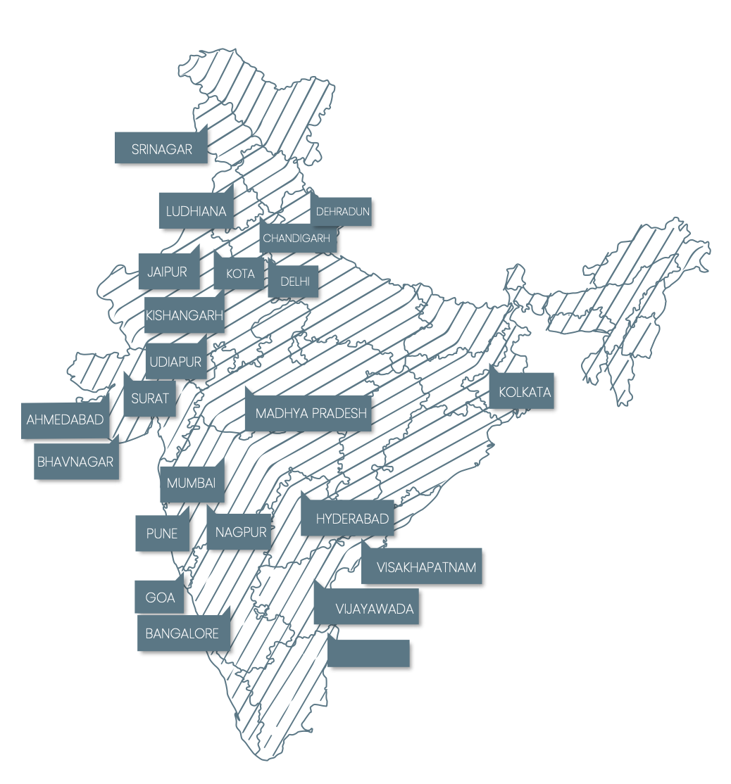 Map of India marking Theme Design Studio's project cities