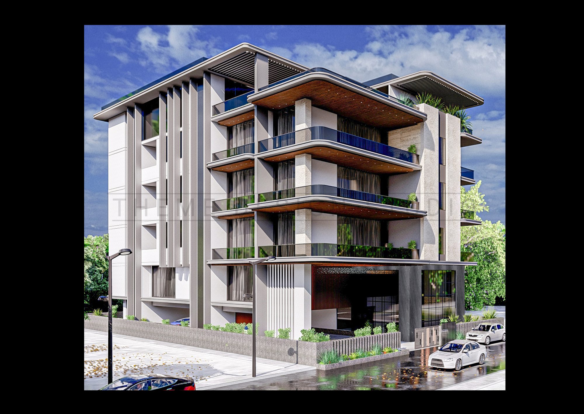 Contemporary apartment building with curved timber-soffit balconies