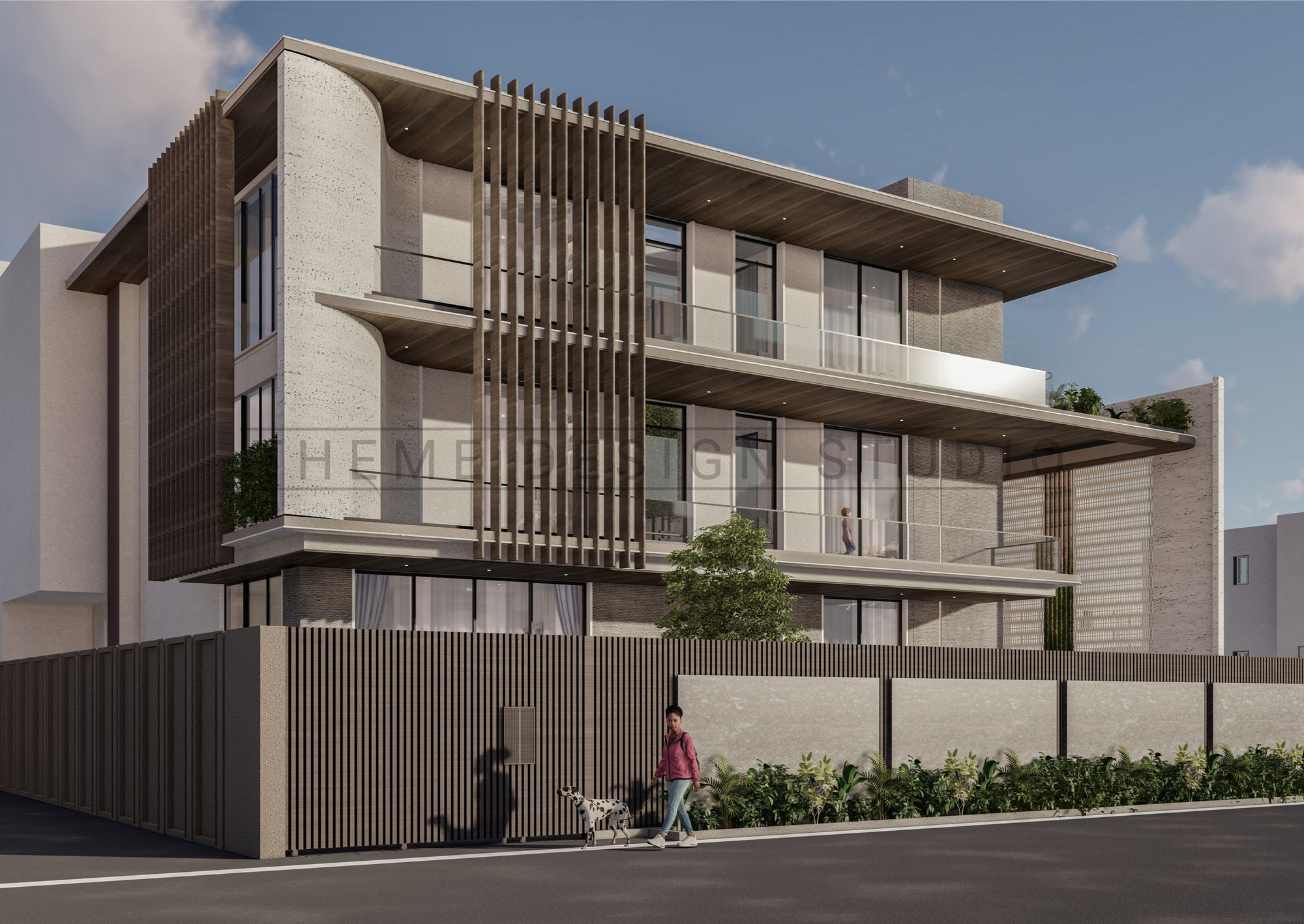 Three-storey residence with vertical timber slat screen façade