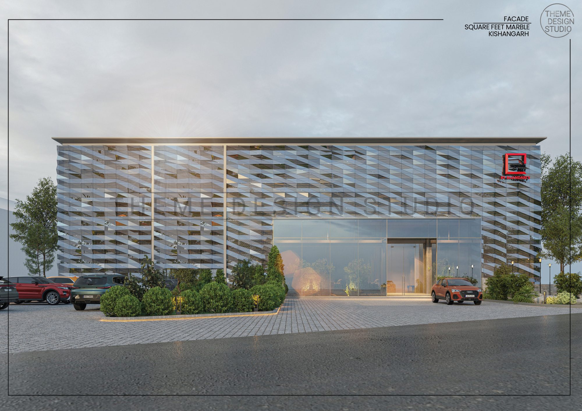 Square Feet Marble experience centre with faceted glass façade, Kishangarh