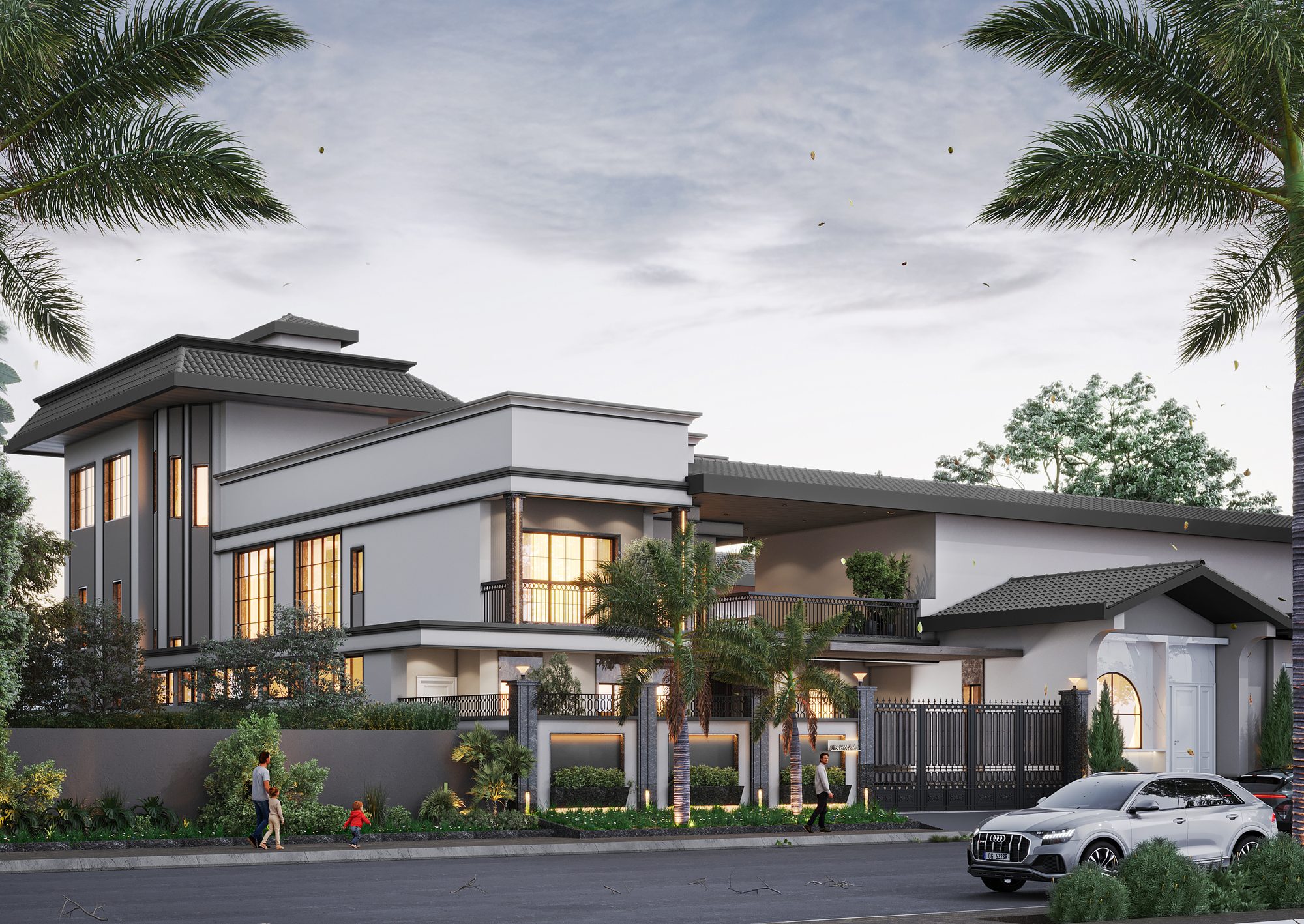 Two-storey villa with sloped tile roofs and palm-lined boundary