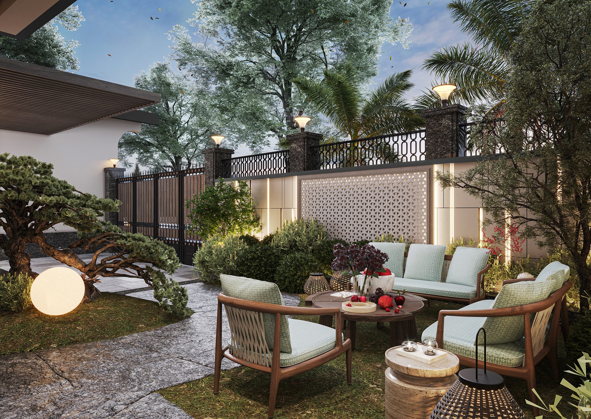 Landscaped courtyard with jaali feature wall and outdoor seating at dusk