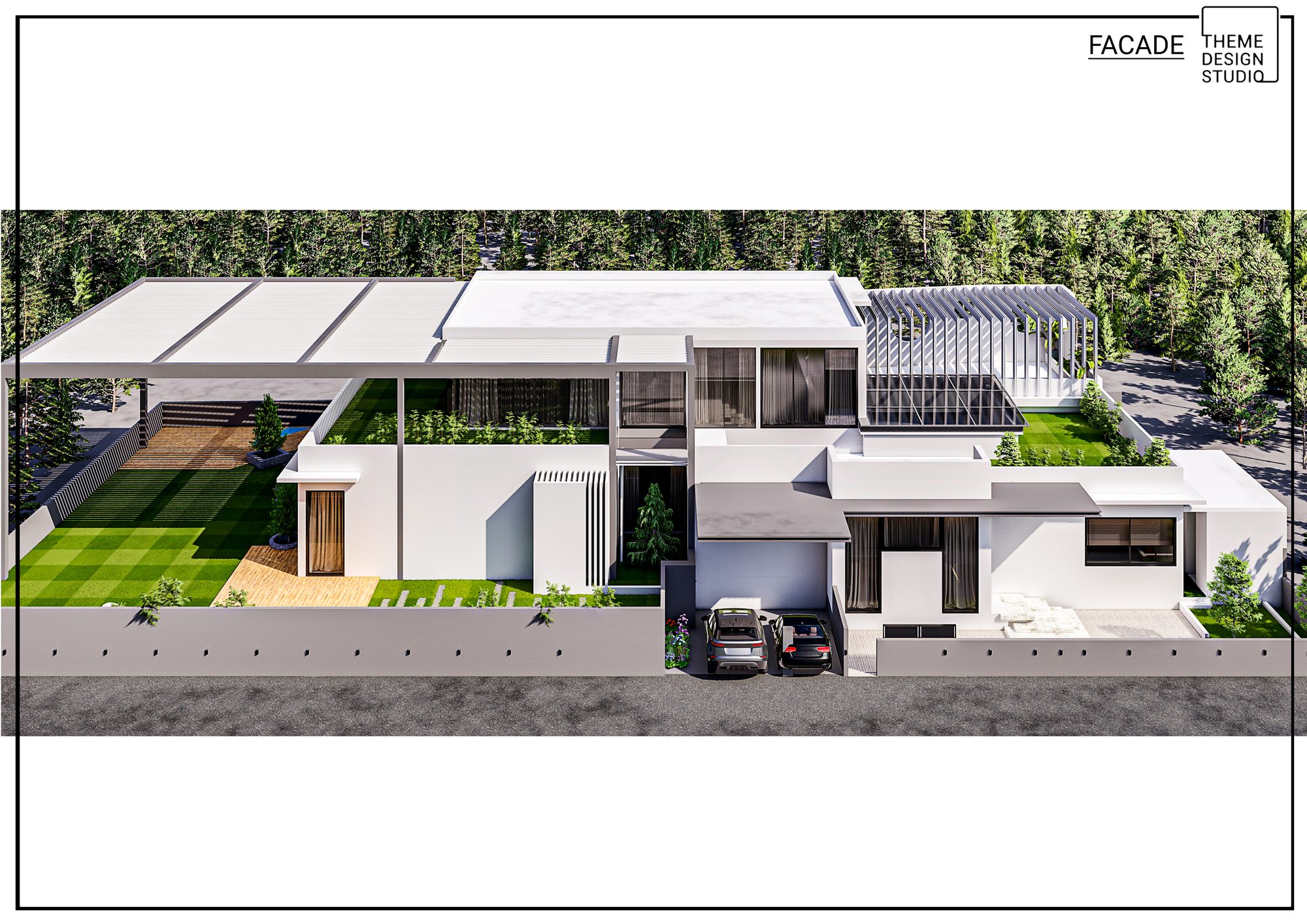 Long white minimalist residence with pergola frames and lawns