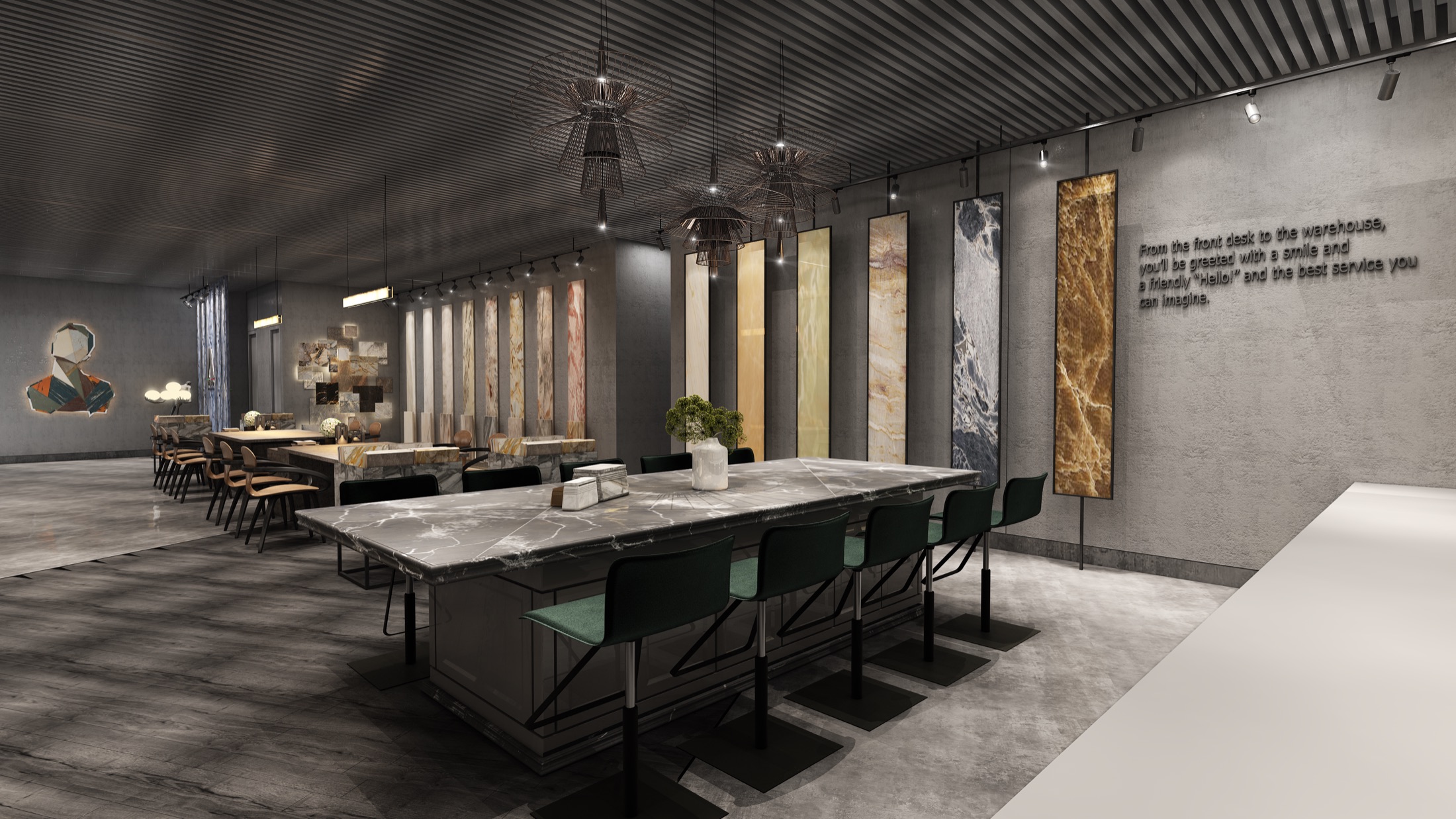 Material experience centre with backlit stone panel displays
