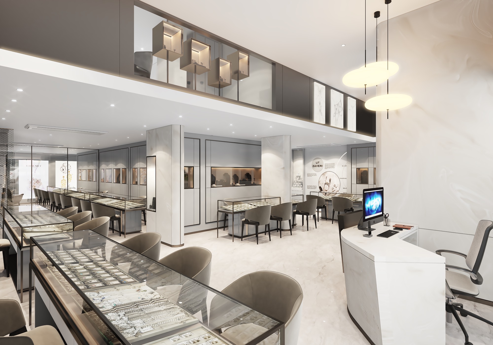 Jewellery showroom with mezzanine display cases and pendant lighting