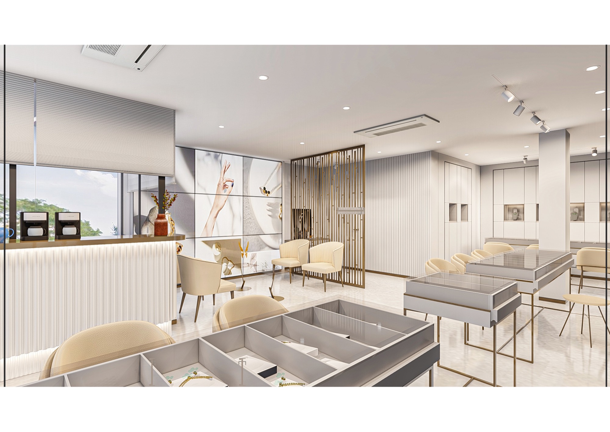 Boutique interior render with curved seating and feature wall
