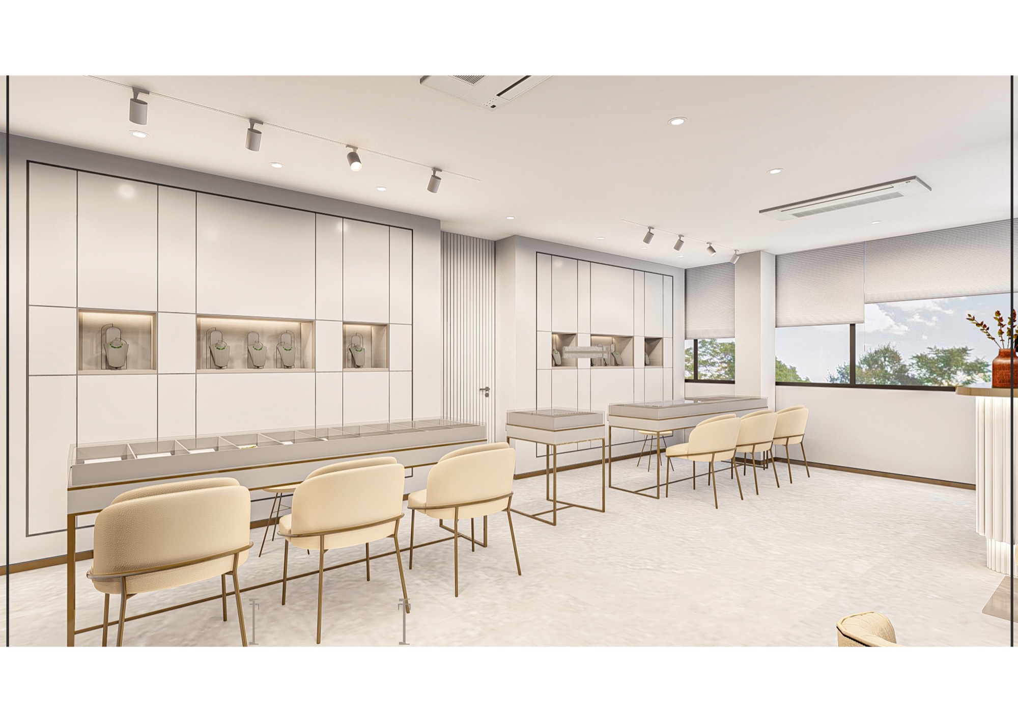 Boutique display hall render with jewellery cases and seating