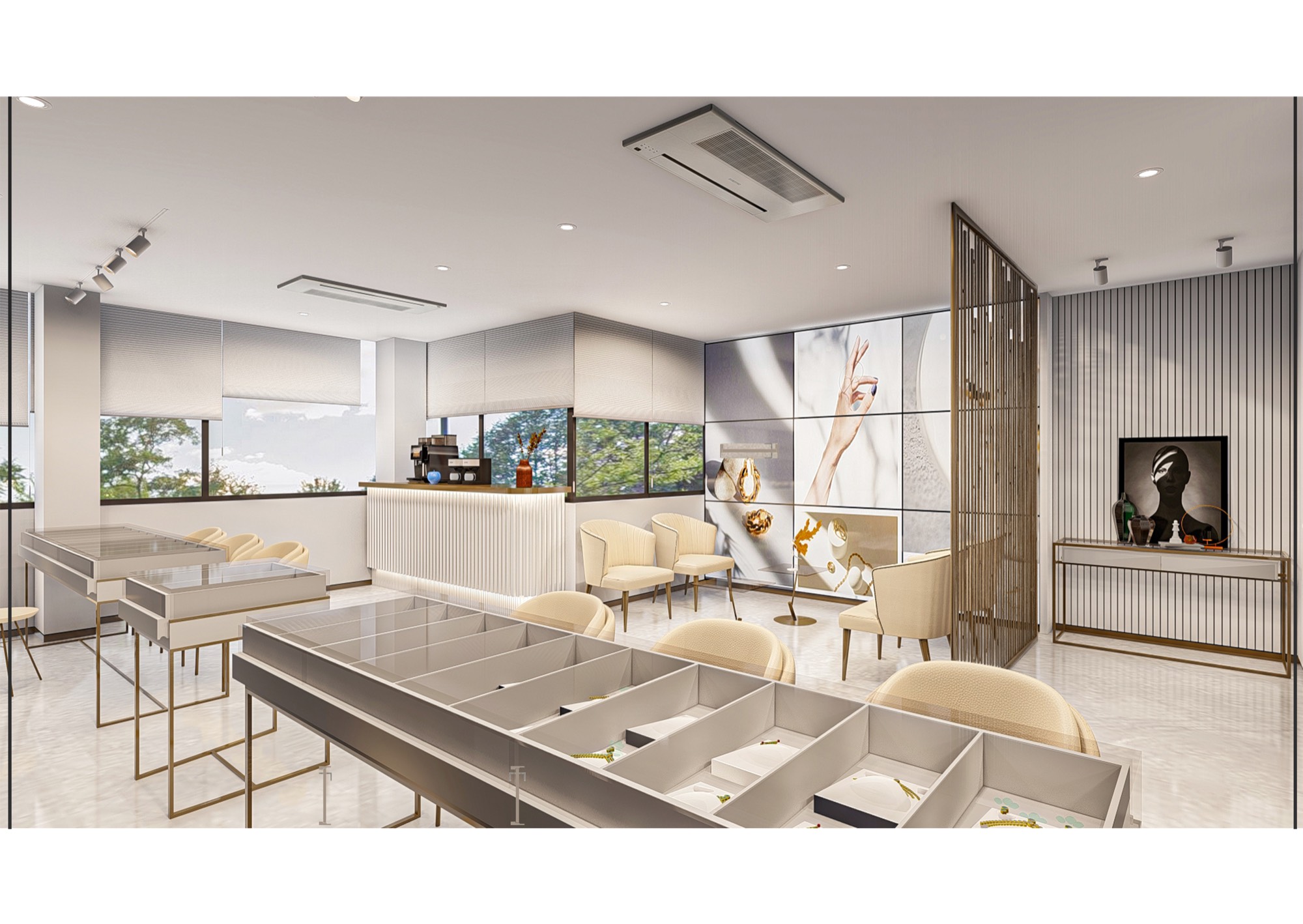 Boutique reception render with display counters and screen partition