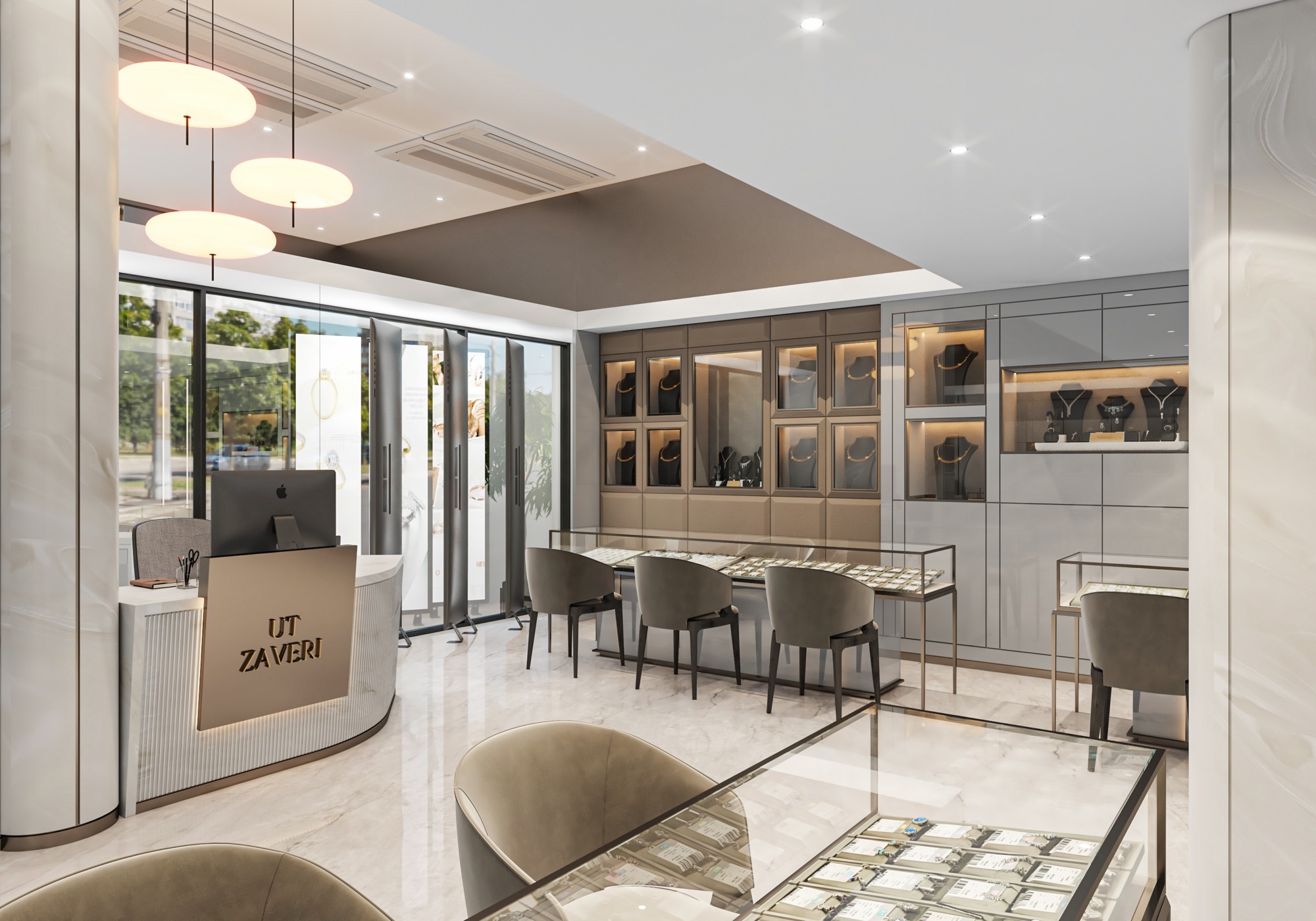 Jewellery showroom reception desk with glass display cases