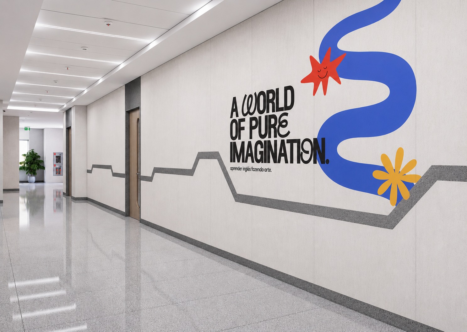 School corridor with playful painted mural graphics