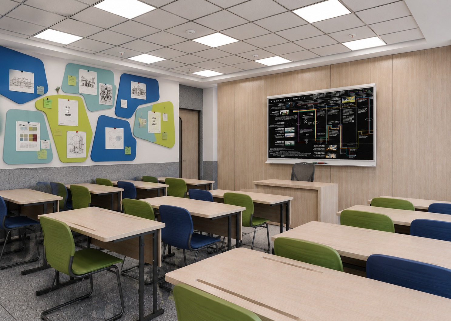 Seminar classroom with tiered desks and interactive display board