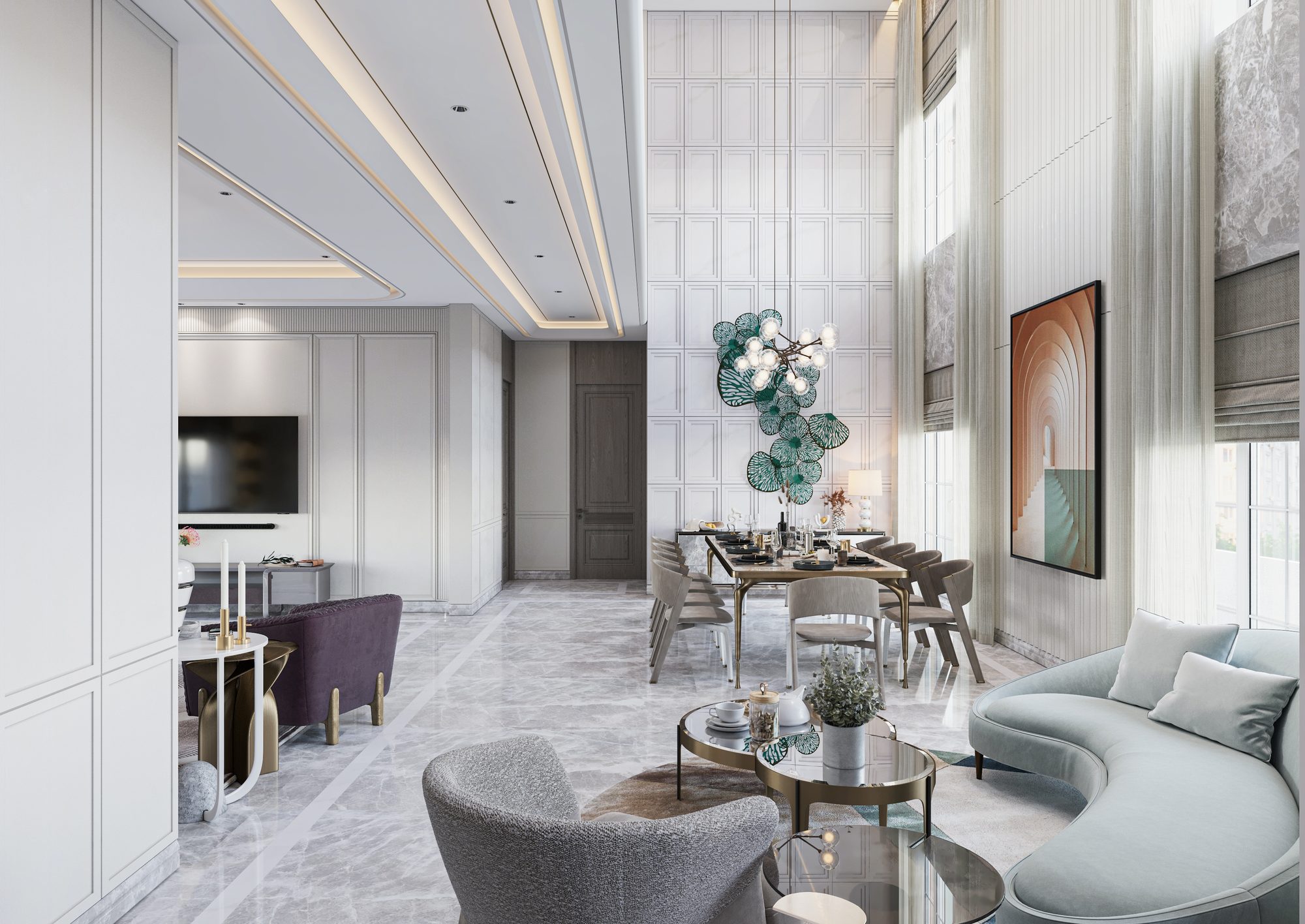 White marble living and dining render with sculptural pendant light