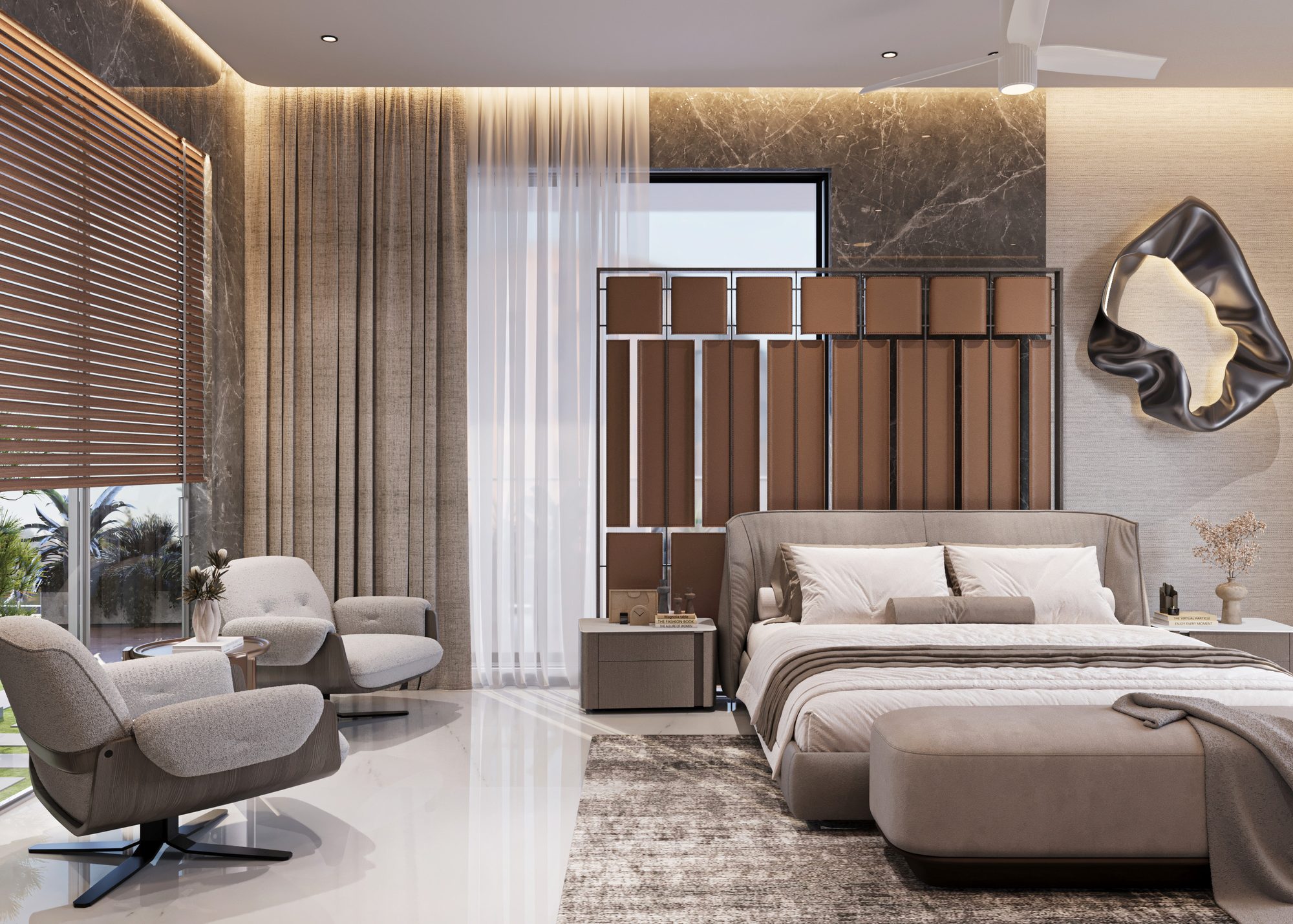 Bedroom with leather screen headboard and sculptural wall mirror