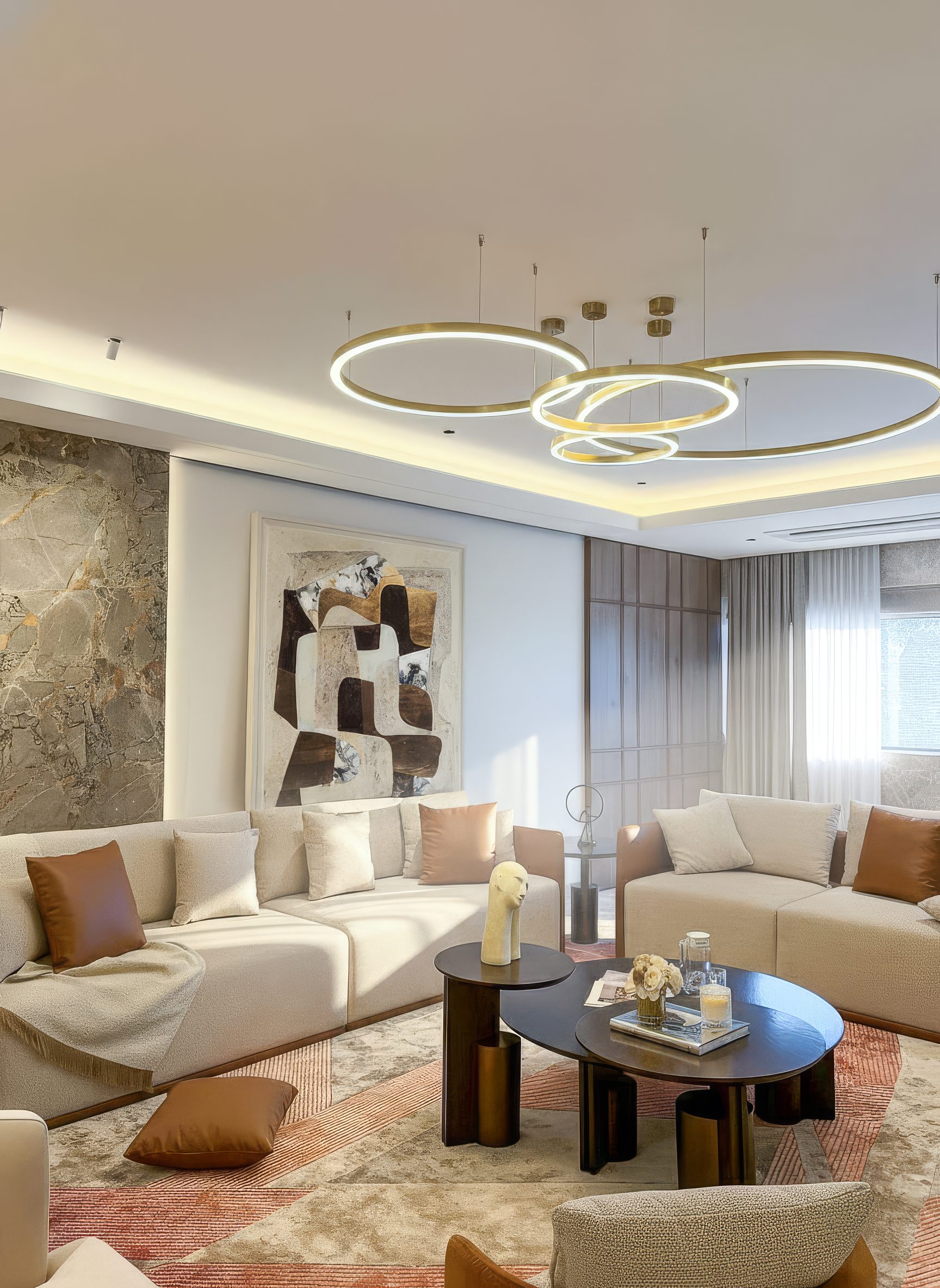 Living room with abstract art panel and terracotta rug